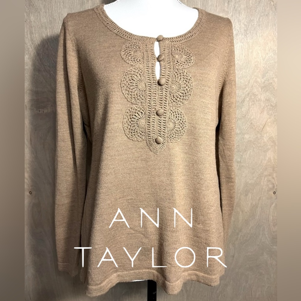 Ann Taylor Petites Cashmere Blend Crochet Tan Mocha Sweater LP